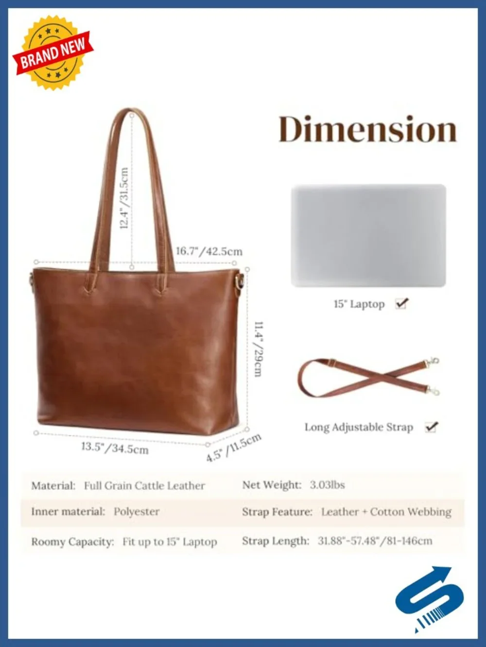 Genuine Leather Large Tote Bag with Removable Pouch, Fits 15